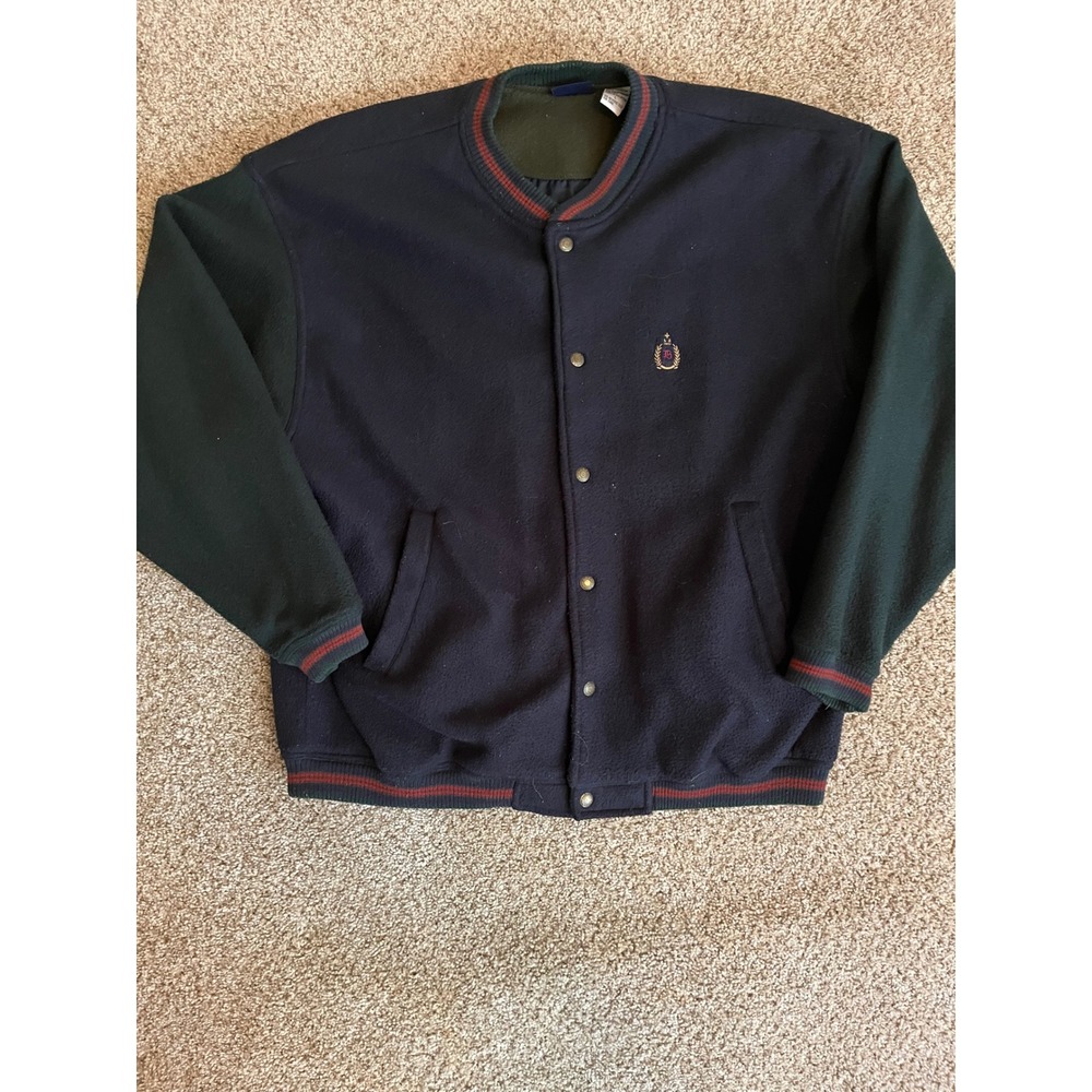 Bugle Boy Mens Fleece Bomber Jacket Large Navy Blue Green Vintage 90s Varsity